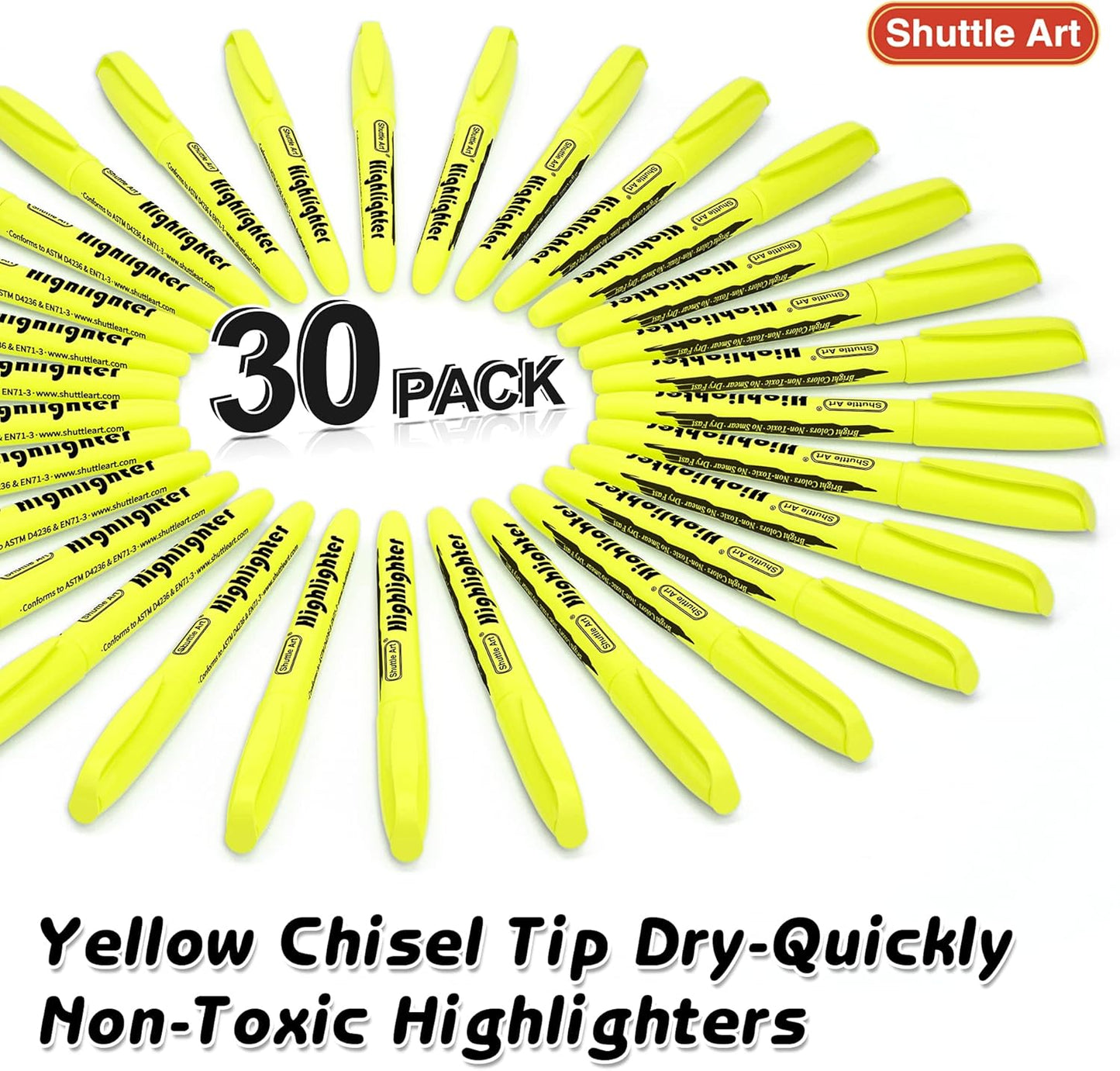 Shuttle Art Yellow Highlighters, 30 Pack Highlighters Bright Colors, Chisel Tip Dry-Quickly Non-Toxic Highlighter markers for Adults Kids Highlighting in Home School Office