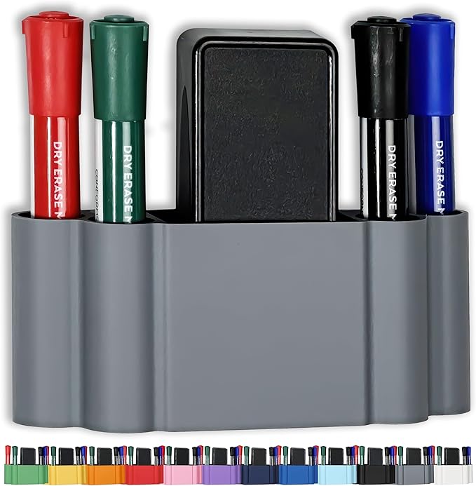 Glassboard Studio Magnetic Dry Erase Marker Holder - Super Strong for Magnetic Glass Whiteboard or Fridge - 2 Large Neodymium Magnets - No Slip Grip - Eco-Friendly PLA Plastic (Steel Gray)