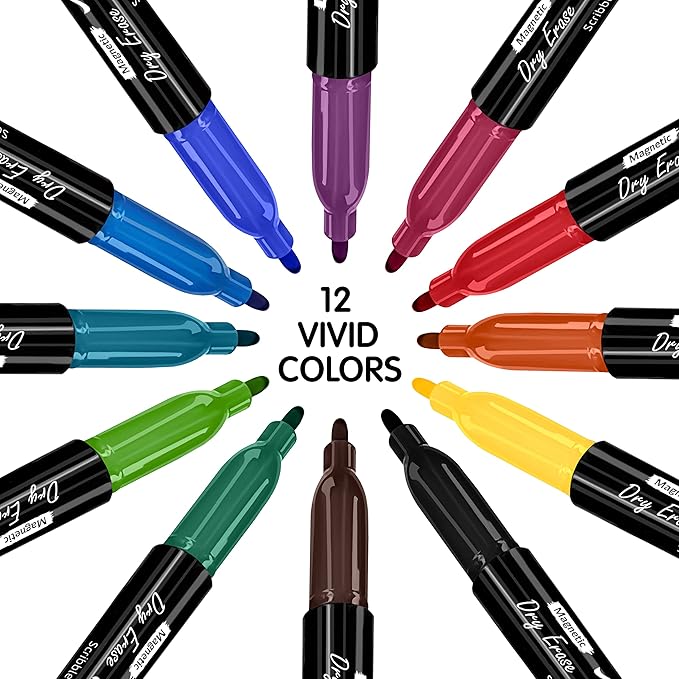 Scribbledo Magnetic Dry Erase Markers, Fine Tip, Assorted Colors, Low Odor, with Eraser Cap, Thin Whiteboard Markers for Adults, Students, Teachers, Kids (12 Pack)