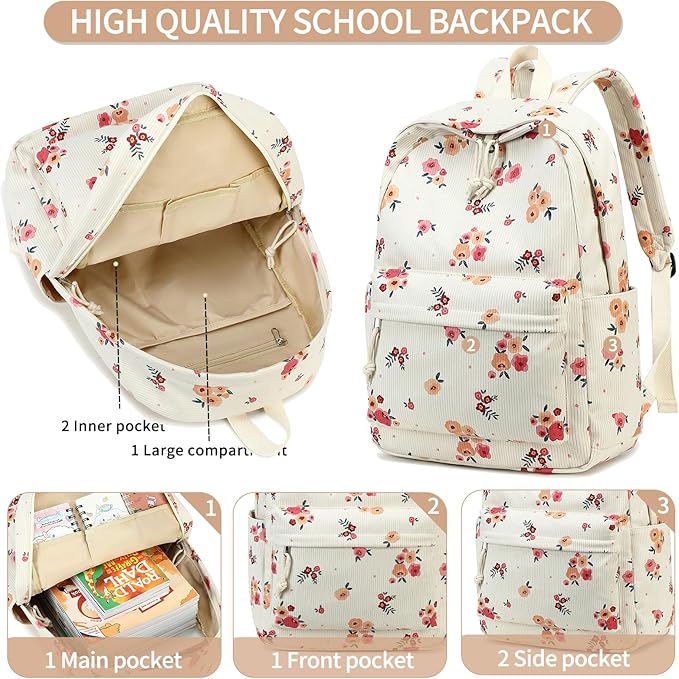School Backpack for Teens Large Corduroy Bookbag Lightweight 15.6 inch Laptop Bag for Girls Women Casual High School College