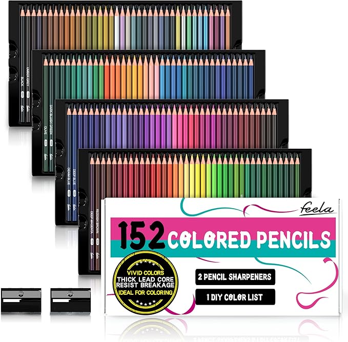 feela 152 Colored Pencils with Pencil Sharpener Premium Soft Core Colors Pencils Set for Adult Coloring Books