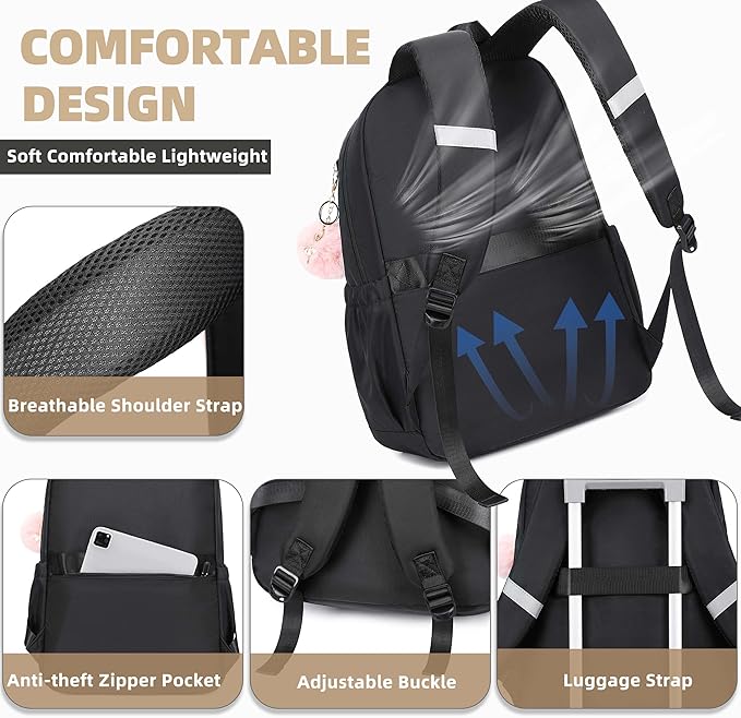 AO ALI VICTORY Laptop Backpack 16 Inch Kids Elementary Middle High School Bag College Backpacks Women Work Business Back Pack Travel Rucksack Large Bookbag for Teens Girls Womens Students,Black