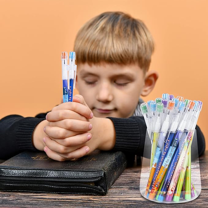 Kolewo4ever 48 Pieces HB Bible Verses Pencils Religious Pop Up Plastic Multipoint Pencil Multicolor Non Sharpening Stackable Pencils Religious Christian Pencil Sunday School Gifts