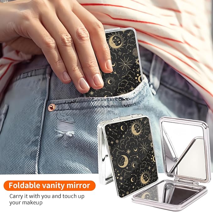 Compact Pocket Mirror, Cute Travel Mini Mirror with Magnification, Foldable Double-Sided Portable Cosmetic Mirror for Men, Women Sun and Moon