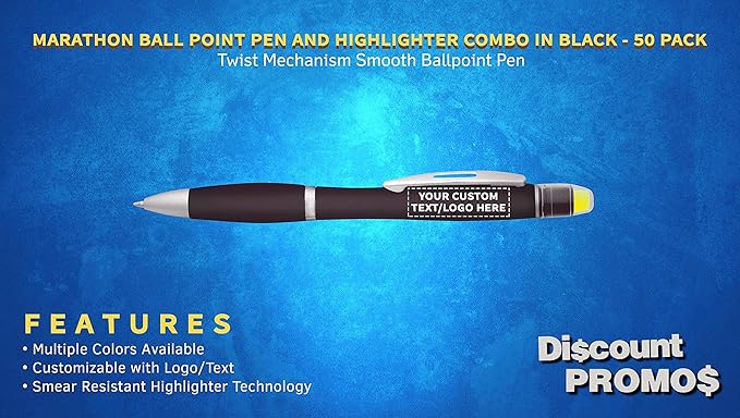 DISCOUNT PROMOS 50 Marathon Gel Highlighter Pens Pack - Customizable Text, Logo - Twist Mechanism, Ballpoint - Black