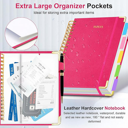 Hardcover Spiral Notebook 8"x10" Journal Notebook with Tabs and Removable Dividers 300 Pages 5 Subject Notebook College Ruled, Faux Leather Spiral Bound Notebook for Women, Students, School Work (Rose Red)