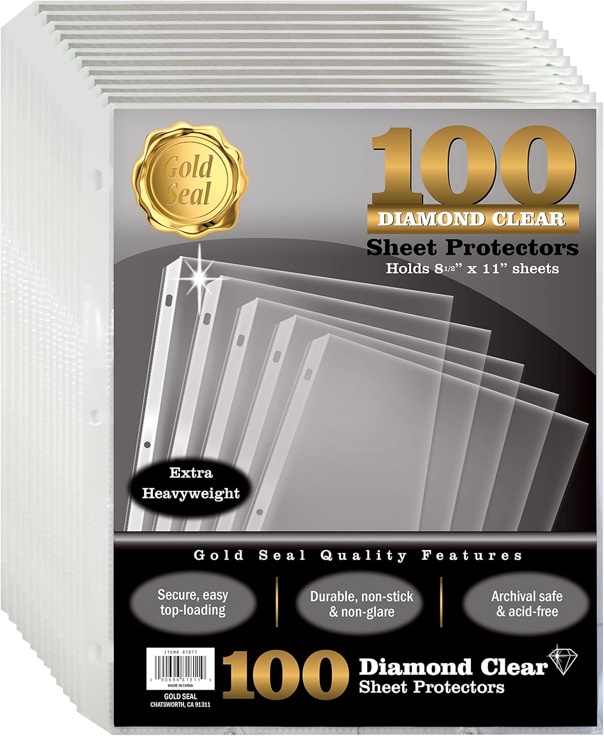 GOLD SEAL 100 Count Diamond Clear Extra Heavyweight Sheet Protectors, 4 mils Strong,8.5 x 11, Top Load, 100 Pack