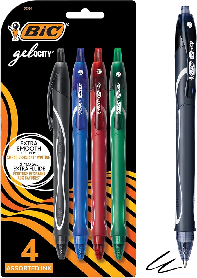 BIC Gelocity Quick Dry Assorted Colors Gel Pens, Medium Point (0.7mm), 4-Count Pack, Retractable Gel Pens With Comfortable Full Grip