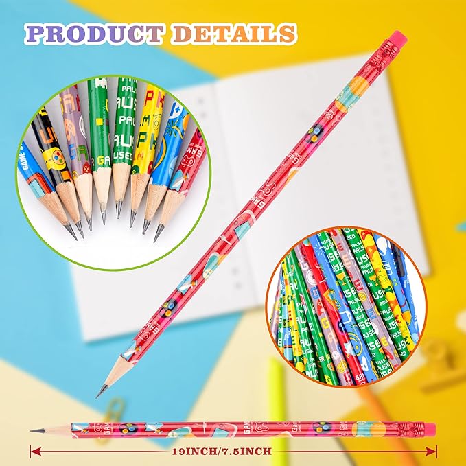 Kolewo4ever 200 Pieces Video Game Pencils Assortment Cylinder Wood Pencils with Various Game Pattern Icons for Party Favors Birthday Party Supplies