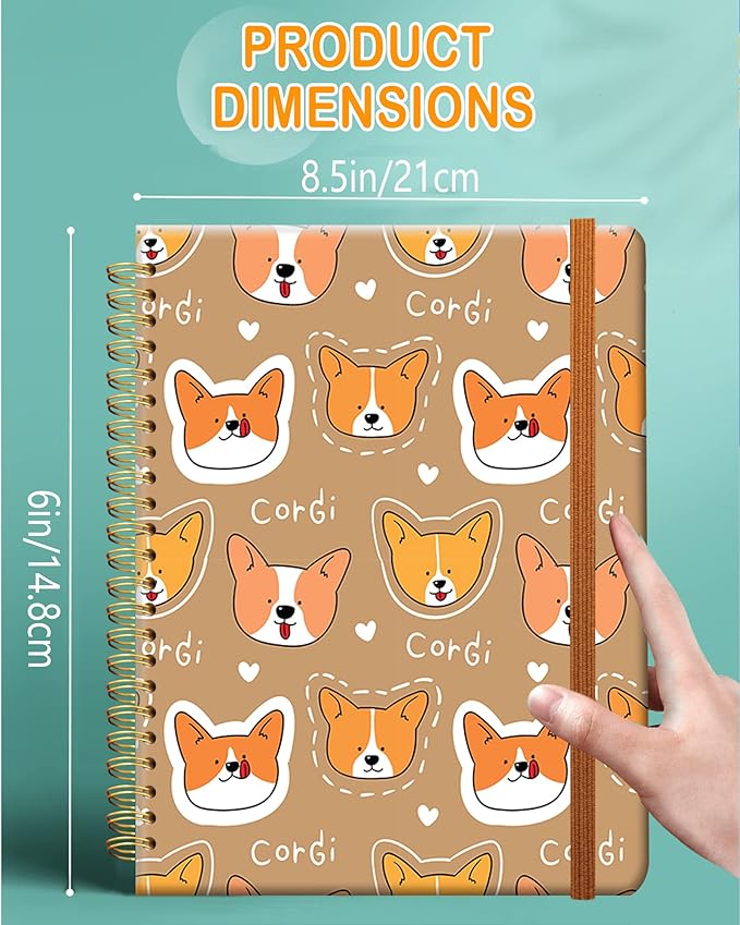 Ruled Spiral Writing Notebook,A5 Hardcover Lined College Journal for Women Lady Girl,Cute Strong Twin-Wire Binding with Premium Paper,8.4" X 6",Perfect for School,Office,Home Gifts(Cartoon Corgi Dog)