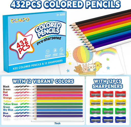 OCHIDO 432 Count Colored Pencils Bulk, Pre-sharpened Colored Pencils for Kids in 12 Bright Colors, Color Pencil Set with 12 Sharpeners, Back to School Supplies Classroom Essentials for Teachers