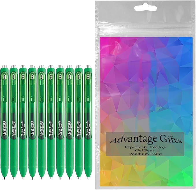 Paper Mate InkJoy Gel Pens, Green Ink, Medium Point (0.7mm), 10 Count, Bundle with Plastic Reusable Pouch