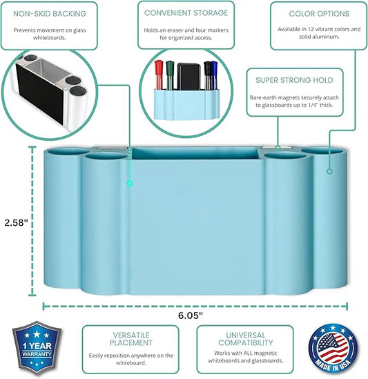 Glassboard Studio Magnetic Dry Erase Marker Holder - Super Strong for Magnetic Glass Whiteboard or Fridge - 2 Large Neodymium Magnets - No Slip Grip - Eco-Friendly PLA Plastic (Ice Blue)