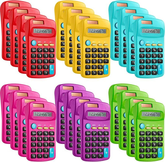24 Packs Pocket Size Mini Calculator Basic Calculators for Handheld Angled Students 8 Digit Display Solar Battery Dual Power Small Calculator for Students Kids Home Office (6 Colors)