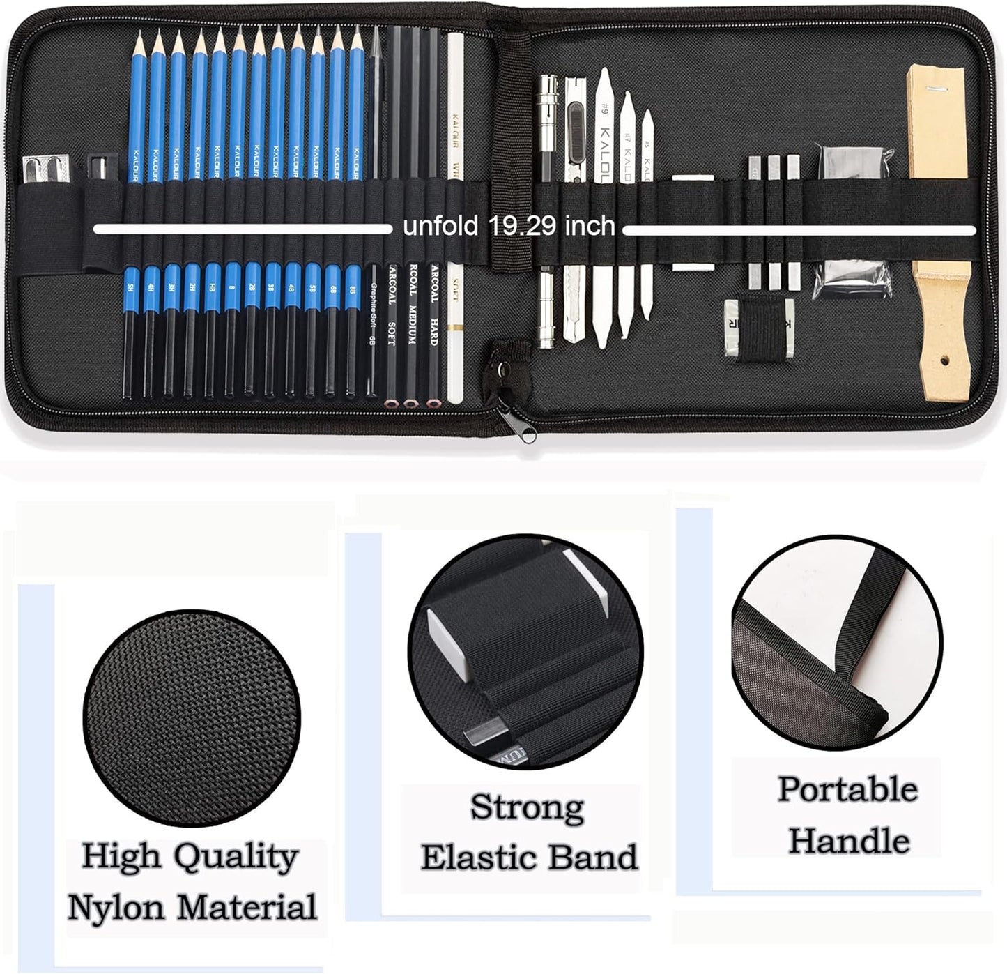 KALOUR 34 Sketching Pencil Set with Sketchbook - Zippered Travel Case - Sketch,Charcoal,Eraser - Art Drawing Supplies for Beginner, Kids,Adults