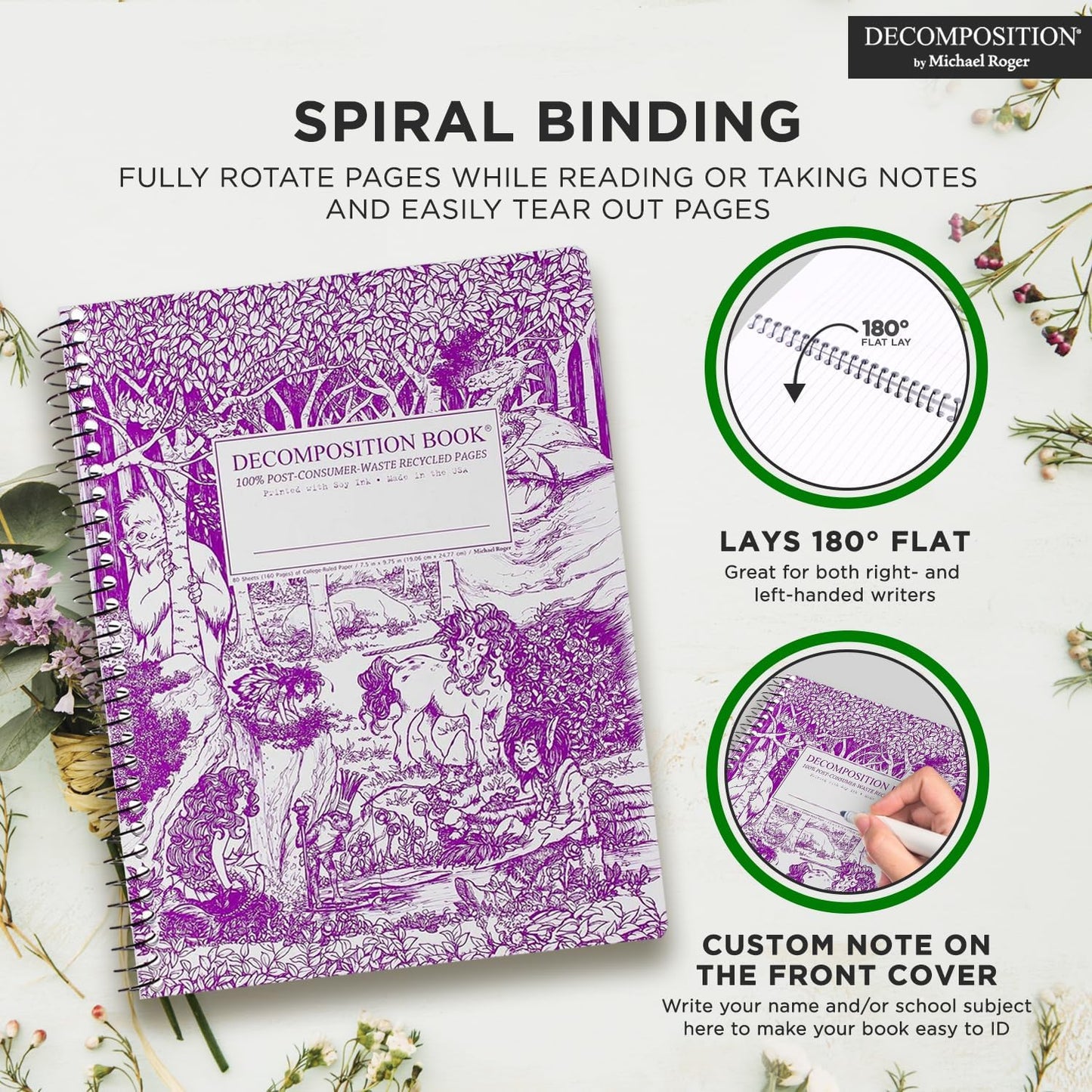 Decomposition Fairy Tale Forest College Ruled Spiral Notebook - 9.75 x 7.5 Journal with 160 Lined Pages - 100% Recycled Paper - Cute Notebooks for School Supplies, Home & Office - Made in USA