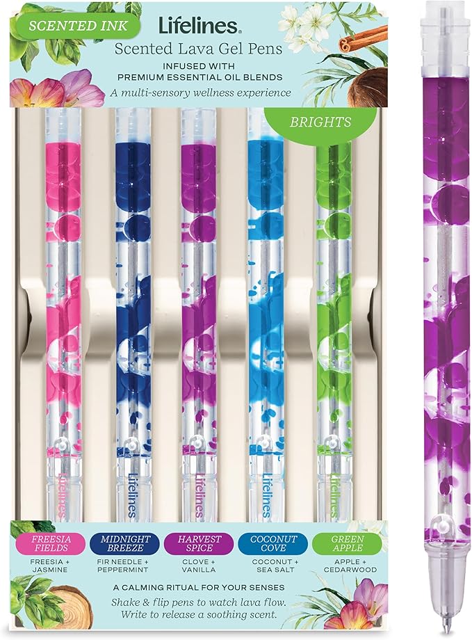 Lifelines Scented Lava Gel Pen Set, 5-Pack (Brights) - 0.5mm Colored Gel Pens Infused with Scented Essential Oil Blends & Mesmerizing Lava - School Supplies for College Kids & Adults