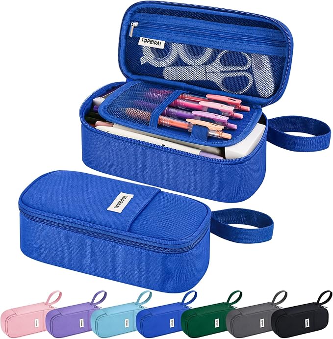 Large Pencil Case Pouch for Boy Men Kids Adults, Big Capacity Canvas Pencil Bag, Office College School Multi Compartment Zipper Stationery Pen Bag (Navy Blue)