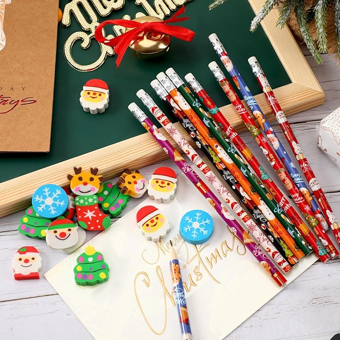 JULMELON 72PCS Christmas Party Favors Set, 36PCS Christmas Pencils with 36PCS Snowman Snowflake Santa Erasers, Pencils for Kids School Classroom Winter Holiday Party Reward Supplies