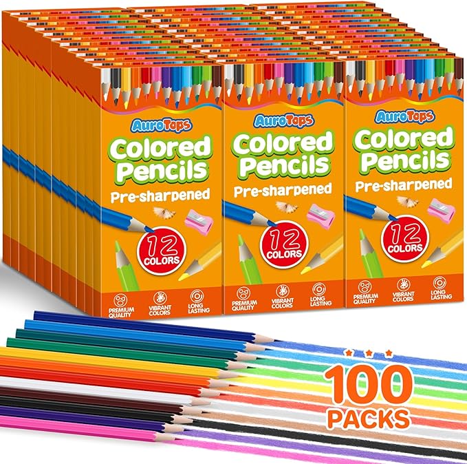 100 Packs Colored Pencils Bulk,1200 Count Pre-Sharpened Colored Pencils in Bulk,Vibrant Colors,12 Color Pencils Set for Classroom Prizes,Back to School Supplies for Kids