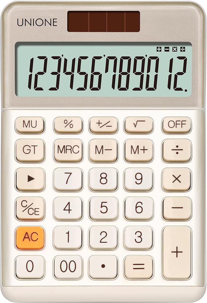 UNIONE Calculator with a Bright LCD, Dual Power Handheld Desktop. Color. Business, Office, High School… (Ivory)
