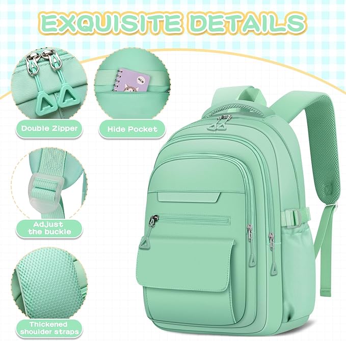 Cute Backpack for School Teen Girls Green Bookbag Aesthetic Womens Travel Book Bags for School Kids Student Back Packs