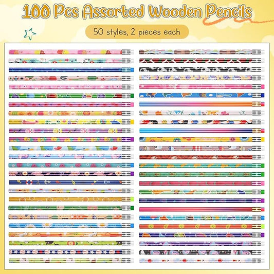 Sabary 100 Pcs Assorted Wood Pencil Bulk 50 Styles #2 HB Colorful Novelty Fun Dinosaur Animals Fruits Sports Pencils with Erasers Back to School Supplies for Kids Student Teacher Classroom Reward