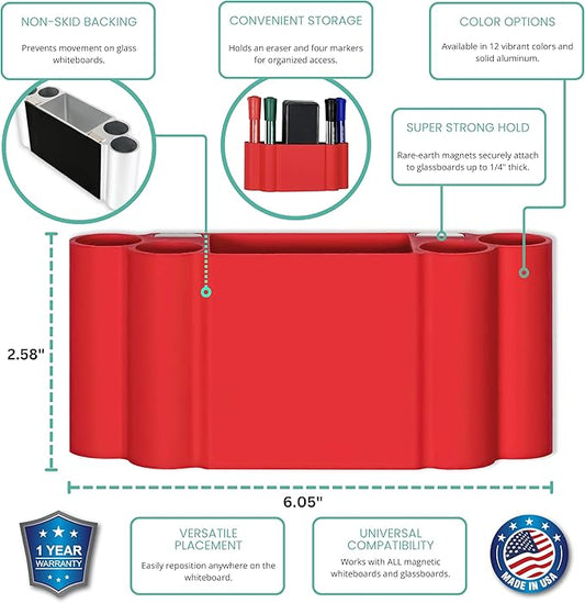 Glassboard Studio Magnetic Dry Erase Marker Holder - Super Strong for Magnetic Glass Whiteboard or Fridge - 2 Large Neodymium Magnets - No Slip Grip - Eco-Friendly PLA Plastic (Cherry Red)