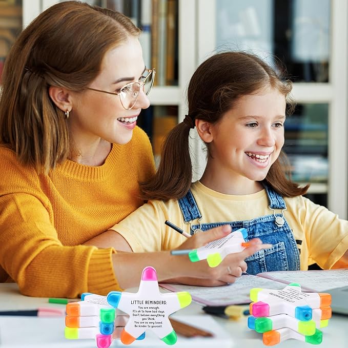 24 Sets Back to School Gifts for Students Star Highlighters with You're a Star Cards Gift Bags 5 in 1 Fluorescent Pens Affirmation Gifts for First Day of School Party Favor (Reminder)