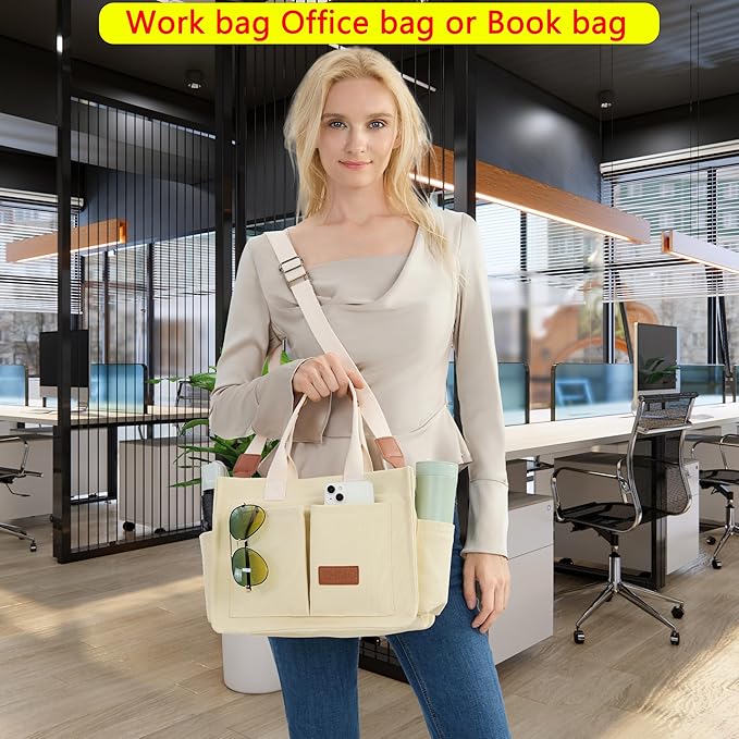 Tote Bag for Women With Compartments,Large Canvas Tote Women's Purse Crossbody Bags Work Laptop Book Bag Satchels Handbags