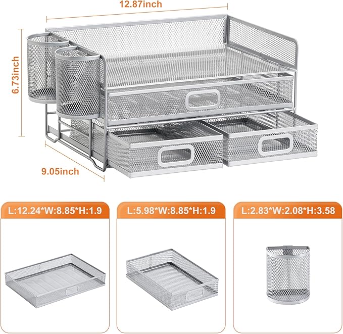 Marbrasse 3 Tier Mesh Desk Organizer with Drawer, Multi-Functional Desk Organizers and Accessories, Paper Letter Organizer with 2 Pen Holder for Home Office Supplies (Silver)