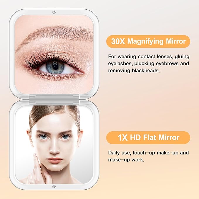 MIYADIVA Compact Mirror, 30X Magnifying Mirror, Pocket Mirror for Purse, Travel Makeup Mirror with 30X/1X Magnification, Travel Essentials Mirror, Precision Tweezers, Present for Girls