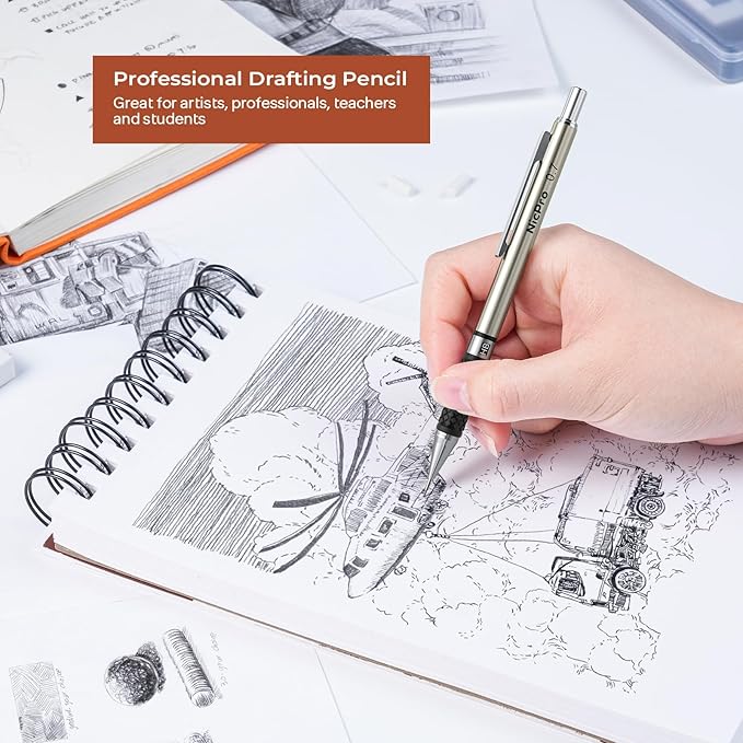 Nicpro 0.7 mm Art Mechanical Pencils Set, 6 PCS Metal Drafting Pencil 0.7mm Tube HB Lead Refills & 18 Cap Eraser for Adults, Children, Artist Writing, Drawing, Sketching, Black, 1 Count (Pack of 6)