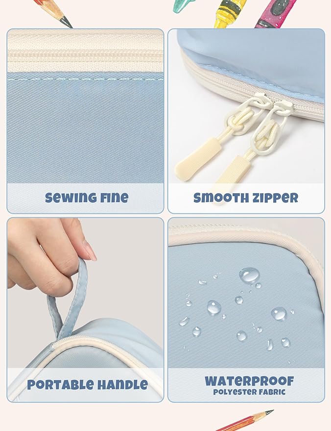 SUNEE Large Pencil Case, Cute Pen Pouch, Aesthetic Zipper Stationery Bag Large Capacity Kawaii Pen Organizer, Blue, Bag Organiser