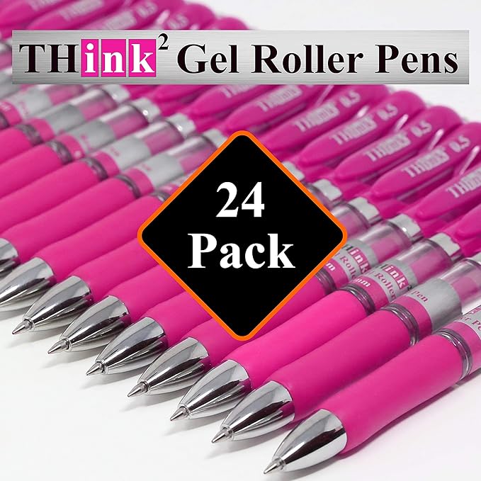 THINK2MASTER [24 Pens - Pink Ink] Think2 Retractable Gel Pens. (24 Pink) Fine Point (0.5mm) Rollerball Pens with Comfort Grip.