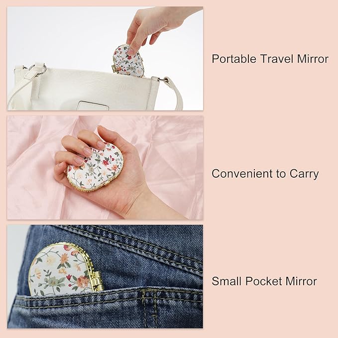 VOCOSTE Compact Mirror for Purses - Flower Pocket Mirror, Oval Mini, Floral Small for Purse, Vintage Folding Travel Portable for Women, White