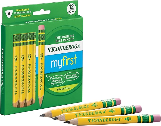 Ticonderoga My First Short Triangular Wood-Cased Pencils, #2 HB Soft, With Erasers, Yellow, 12 Count