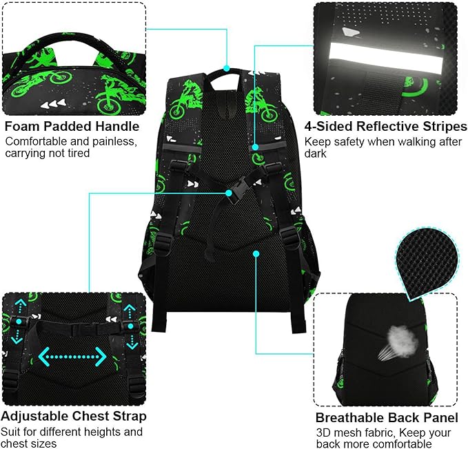 Green Motocross Backpack for Girls Kids Boys School Bookbags, Student Laptop Backpack Carrying Bag Casual Lightweight Travel Sports Day Packs