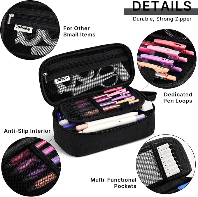 Large Pencil Case Pouch for Boy Men Kids Adults, Big Capacity Canvas Pencil Bag, Office College School Multi Compartment Zipper Stationery Pen Bag (Black)