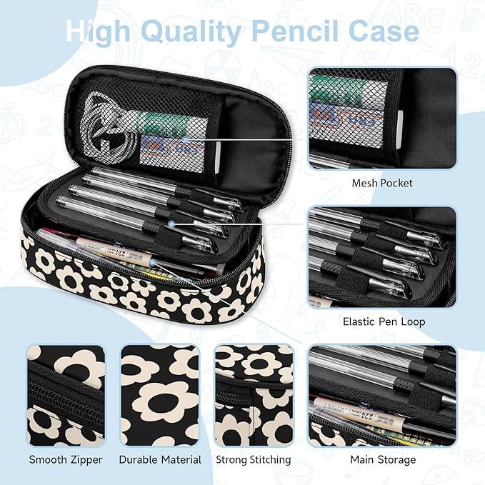 Black with Beige Flower Large Pencil Pouch Big Capacity Cute Pencil Case for Girls Boys Teen Women Men Adult,Portable Kids Pencil Bag with Zipper,Stationery Storage Pen Bag for School Office Organizer