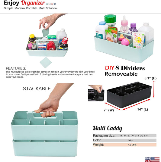 -Large Portable Caddy, DIY Dividers, 8 Compartments, School Office Supplies Home Business Organizer,Portable Basket with Handle Storage Organizer Modern Made in USA (4 PACK, Mint)