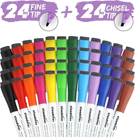 cloudriver Magnetic Dry Erase Markers, 48 Pack Whiteboard Markers - 24 Fine Tip And 24 Chisel Tip, 12 Colors Low Odor Dry Erase Marker With Eraser Cap