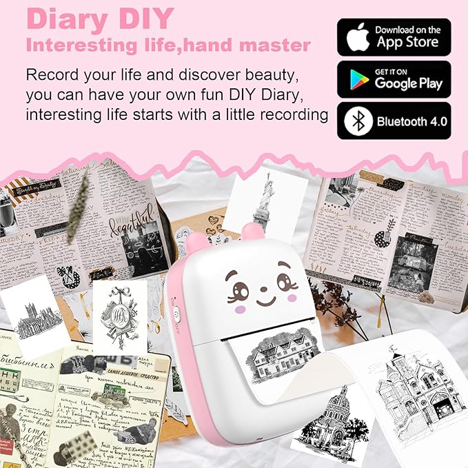 Mini Sticker Printer, Inkless Sticker Printer with 5 Rolls Pape, Bluetooth Smart Pocket Compatible with iOS & Android, Portable Thermal Printer for PicturesRetro-Style Photos(Pink)