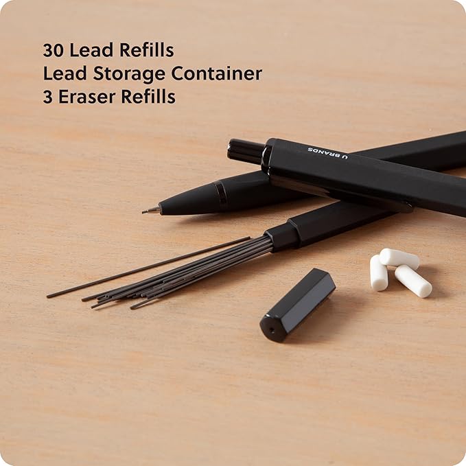 U Brands Cambria Mechanical Pencils, Set of 2, Midnight Black, Soft Touch, Medium (0.7 mm) Point, Lead and Eraser Refills