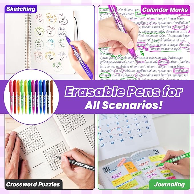 Erasable Pens 12 Pack 0.5mm Ballpoint Quick Dry Liquid Ink Gel Pens Erasable Multicolor Stationery Office Supplies Comfortable Grip Smooth Writing Great for Work School Creation Children's Gift