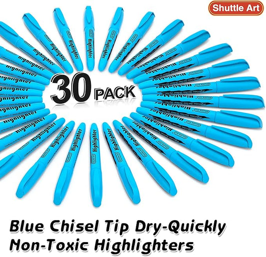 Shuttle Art Highlighters, 30 Pack Blue Highlighters Bright Colors, Chisel Tip Dry-Quickly Non-Toxic Highlighter markers for Adults Kids Highlighting in the Home School Office
