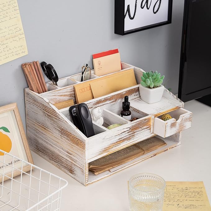 VERGOODR Wood Desk Drawer Organizers with File Organizer Pen holder Office Decor combo Organization Home Can Arrange calculators scissors pens note papers, etc. (washed white)