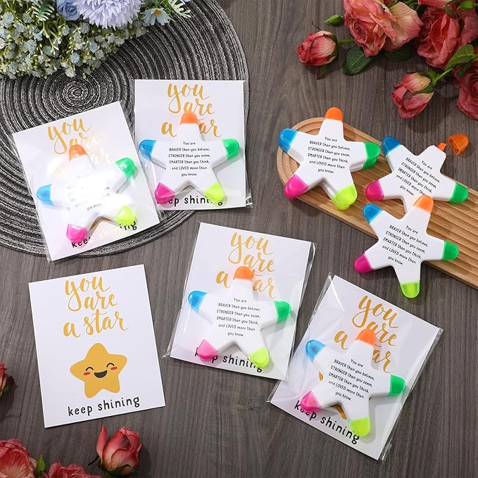 24 Sets Back to School Gifts for Students Star Highlighters with You're a Star Cards Gift Bags 5 in 1 Fluorescent Pens Affirmation Gifts for First Day of School Party Favor (Stronger)