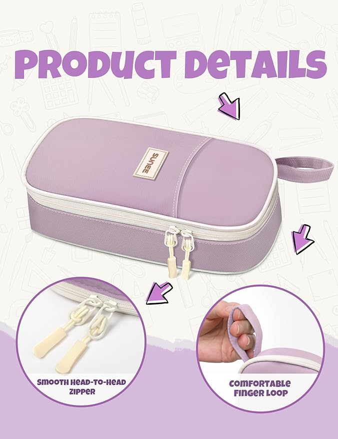 SUNEE Cute Pencil Case, Aesthetic Pen Pouch, Colored Large Pencil Bag with Zipper, Kawaii Stationery Storage and Organizer, Purple School Supplies for Teen and Adult Girls