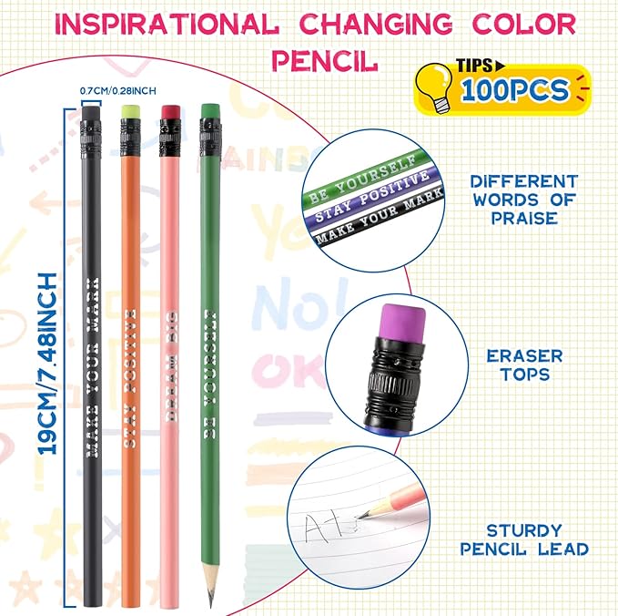 Epakh 100 Pcs Inspirational Pencils Color Changing Pencils Bulk with Eraser HB Wooden Pens Gift for Kids Back to School Gift for Classroom, Student Reward(Mixed Colors,Classic Style)